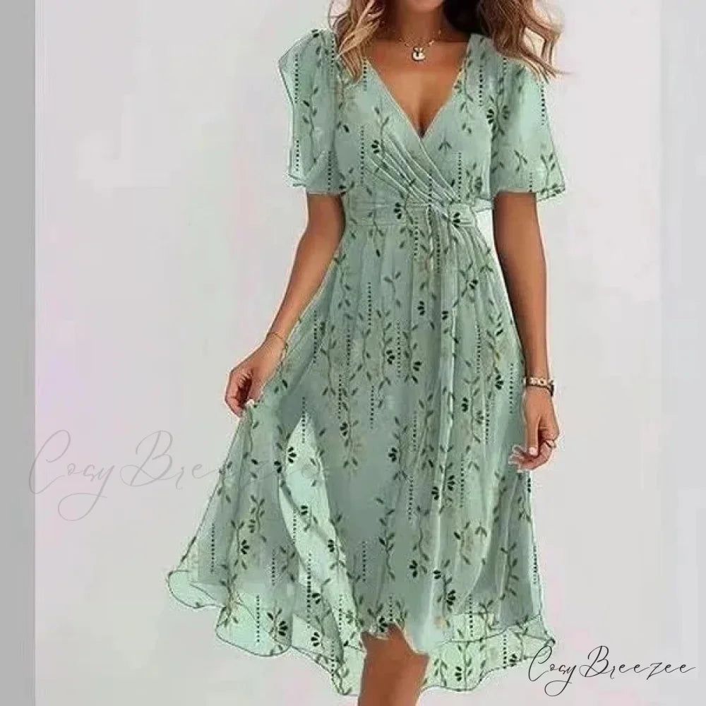 Chiffon Floral Print V-neck Dress Light green bamboo / S oldfloraldress-250126