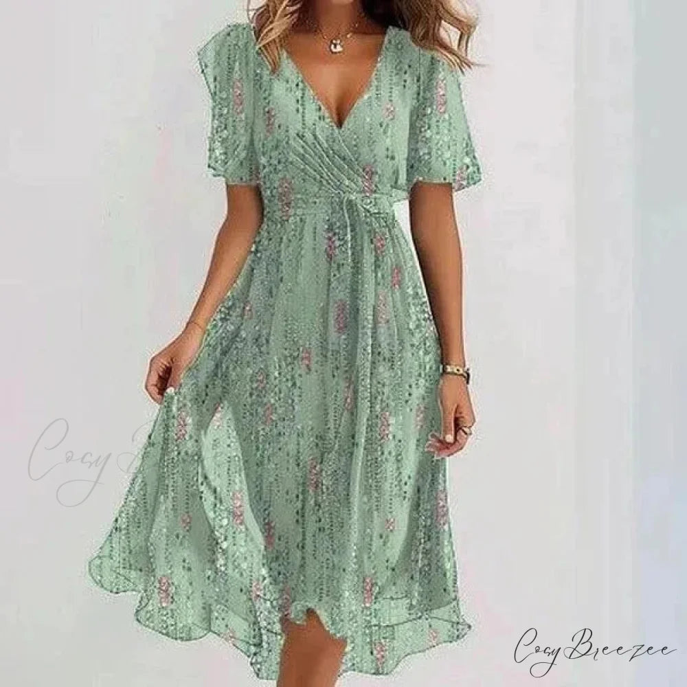 Chiffon Floral Print V-neck Dress Light Green / S oldfloraldress-250126