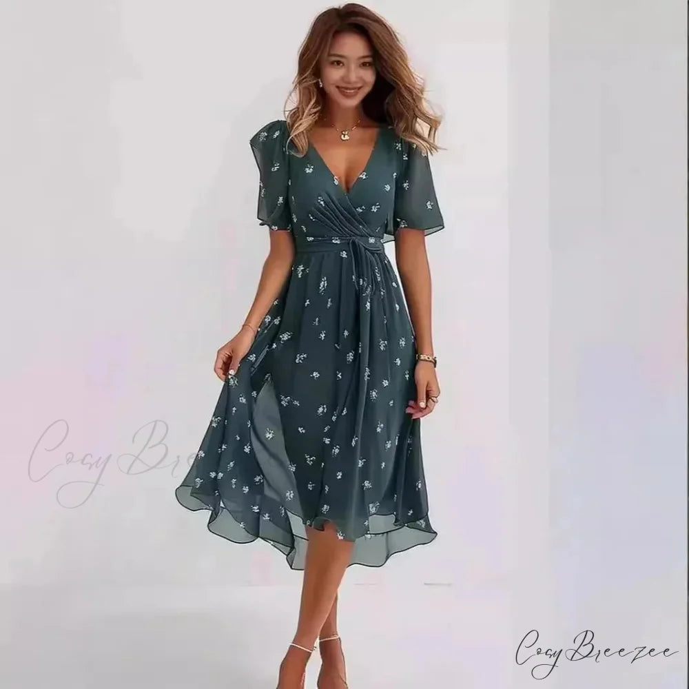 Chiffon Floral Print V-neck Dress oldfloraldress-250126