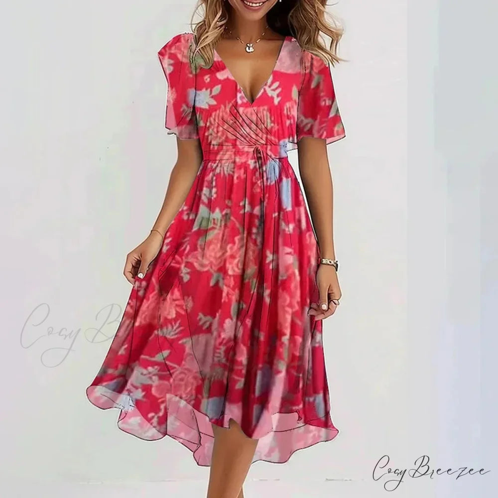 Chiffon Floral Print V-neck Dress Red / S oldfloraldress-250126
