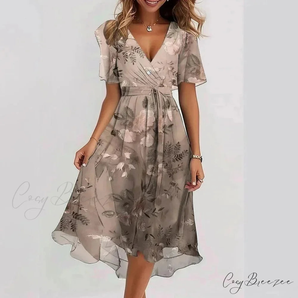 Chiffon Floral Print V-neck Dress Rose Gold / S oldfloraldress-250126