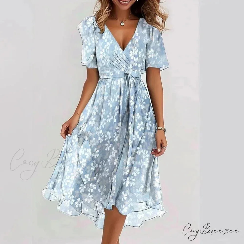 Chiffon Floral Print V-neck Dress Water Blue / S oldfloraldress-250126