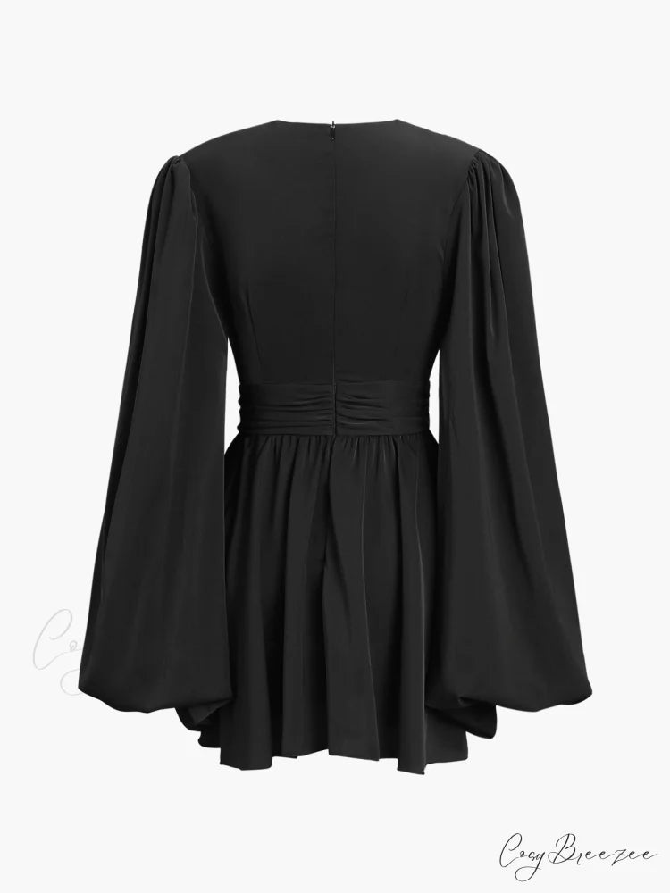 Chiffon Low Cut V-neck Modern Pleated Zip Mini Dress