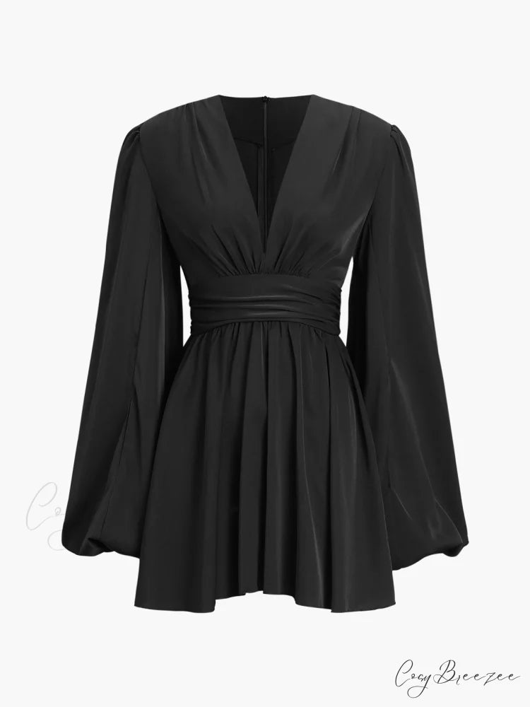 Chiffon Low Cut V-neck Modern Pleated Zip Mini Dress