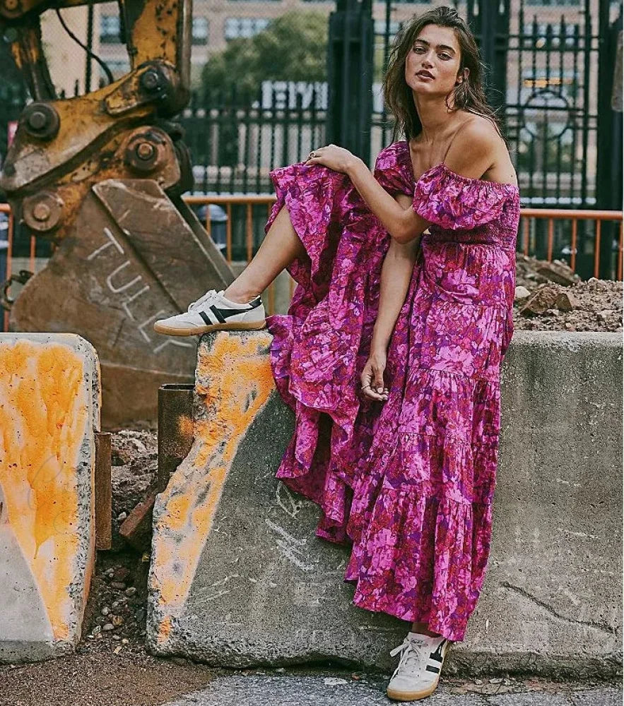 Chiffon Maxi Dress Floral Print Puff Sleeve bohodress-250126