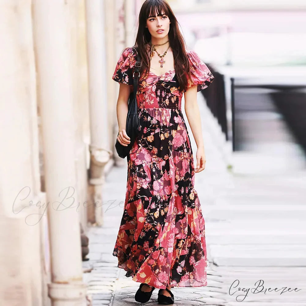 Chiffon Maxi Dress Floral Print Puff Sleeve bohodress-250126