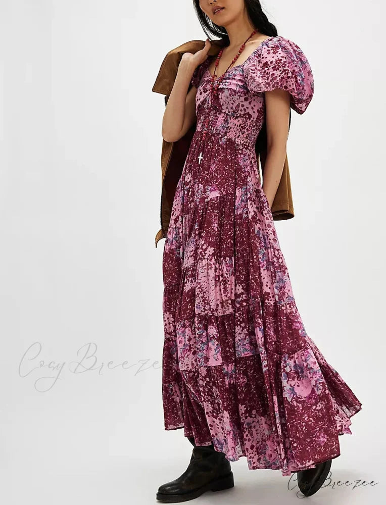 Chiffon Maxi Dress Floral Print Puff Sleeve CORAL RED / S bohodress-250126