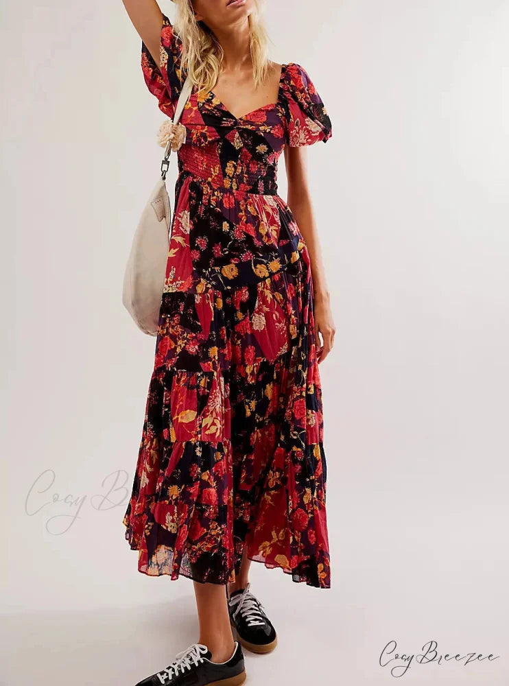 Chiffon Maxi Dress Floral Print Puff Sleeve Red / S bohodress-250126