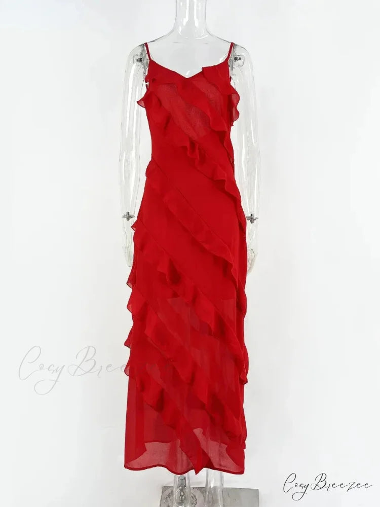 Chiffon Maxi Dress with Ruffles and Backless Split - Sexy Long Summer Wedding/Christmas Party Outfit