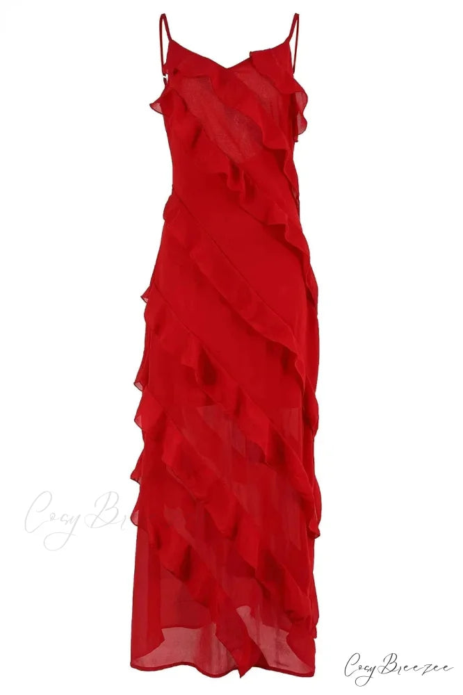 Chiffon Maxi Dress with Ruffles and Backless Split - Sexy Long Summer Wedding/Christmas Party Outfit