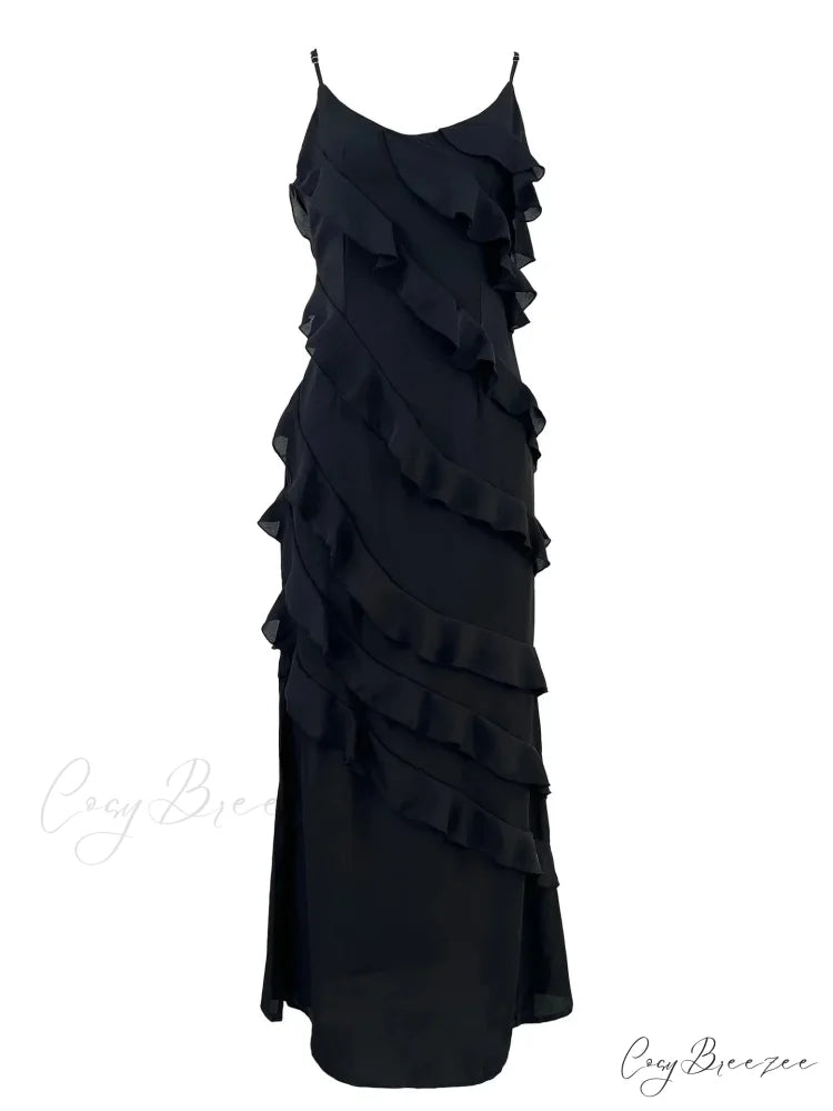 Chiffon Maxi Dress with Ruffles and Backless Split - Sexy Long Summer Wedding/Christmas Party Outfit Black / S