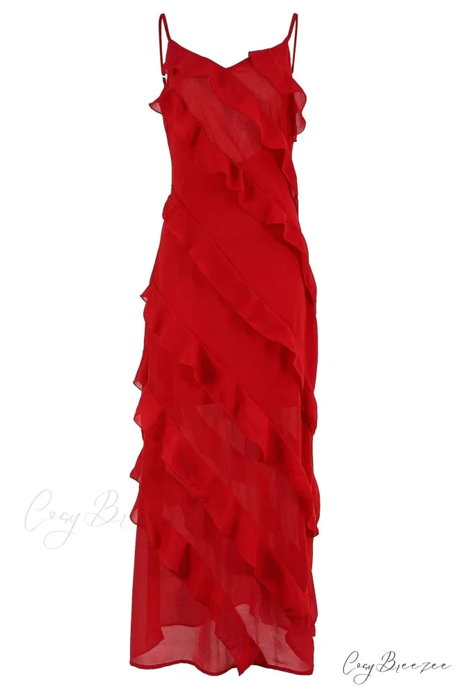 Chiffon Maxi Dress with Ruffles and Backless Split - Sexy Long Summer Wedding/Christmas Party Outfit Red / S