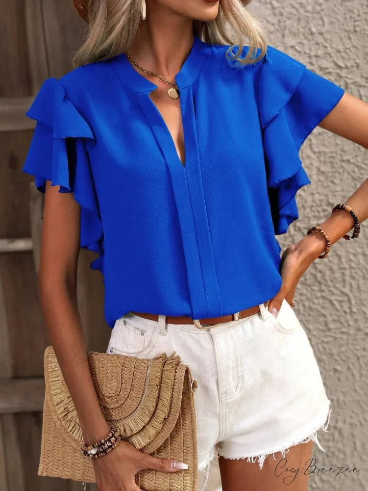Chiffon V-neck Frilled Sleeve Y2K Blouse Blue / S blouse-250126