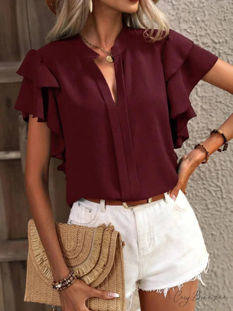 Chiffon V-neck Frilled Sleeve Y2K Blouse Burgundy / S blouse-250126