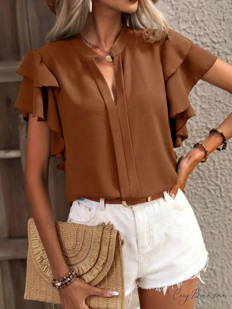 Chiffon V-neck Frilled Sleeve Y2K Blouse Khaki / S blouse-250126