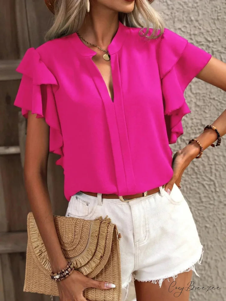 Chiffon V-neck Frilled Sleeve Y2K Blouse Rose Red / S blouse-250126