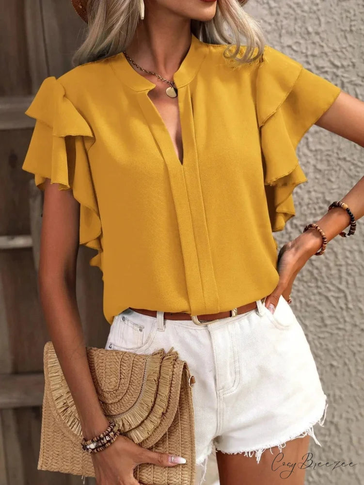 Chiffon V-neck Frilled Sleeve Y2K Blouse Yellow / S blouse-250126
