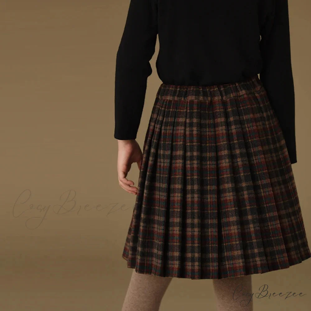 Children’s Retro Plaid Wool Casual Thick Pleated Autumn Winter Skirt