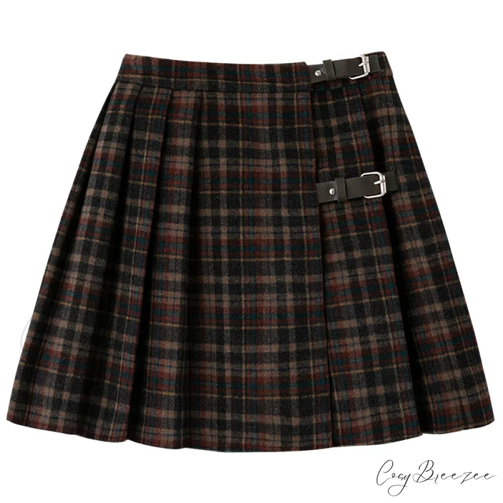 Children’s Retro Plaid Wool Casual Thick Pleated Autumn Winter Skirt Brown / 3T size 100