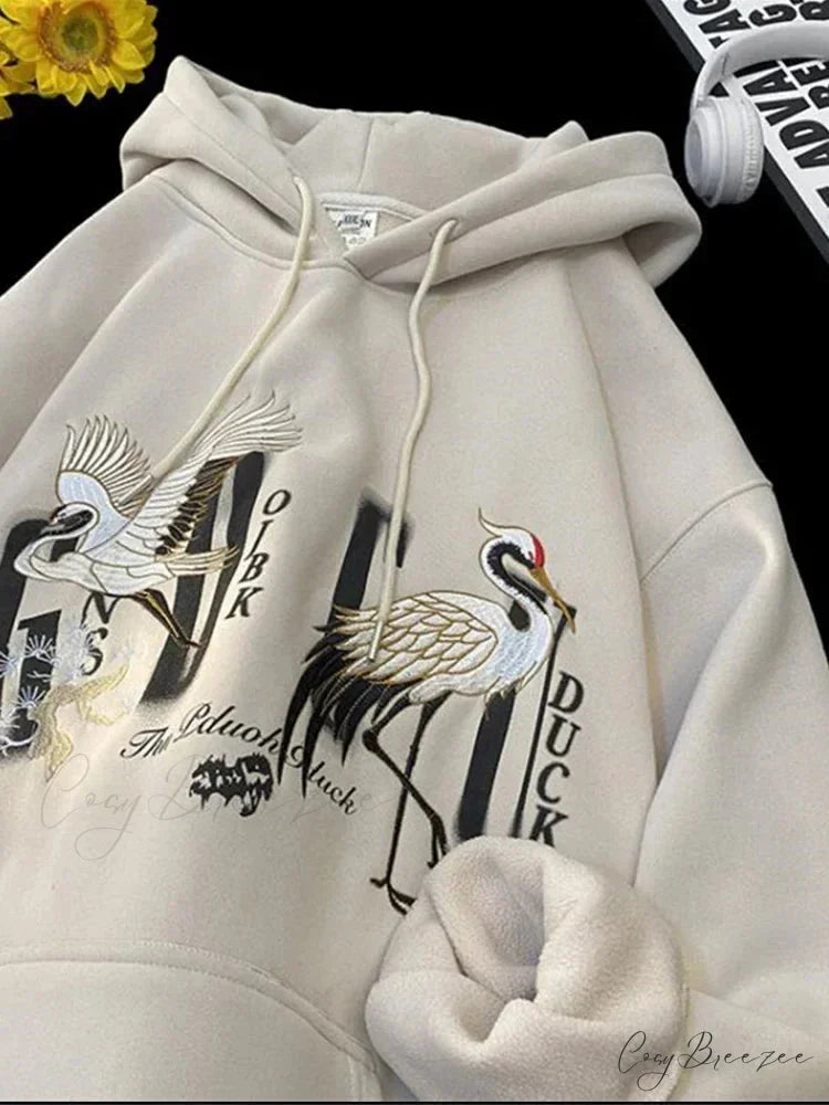 Chinese Crane Pullover Hoodie Beige / M(40-45KG) hoodies-241228