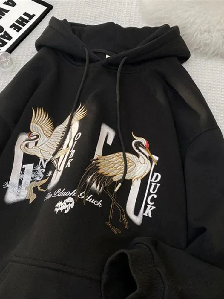Chinese Crane Pullover Hoodie Black / M(40-45KG) hoodies-241228