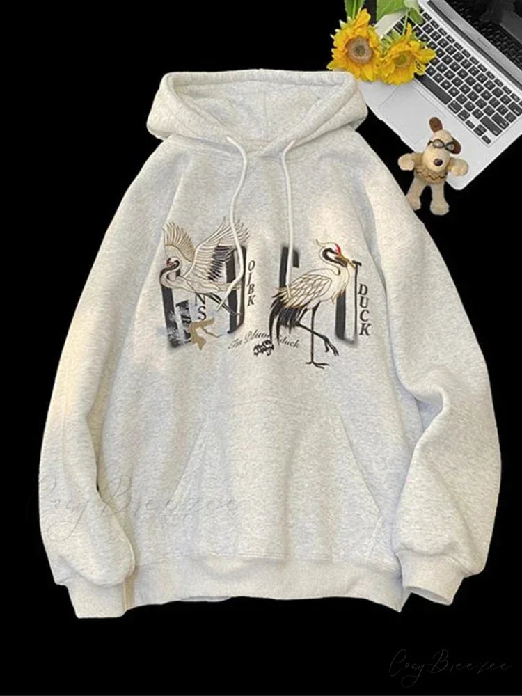 Chinese Crane Pullover Hoodie GRAY / M(40-45KG) hoodies-241228