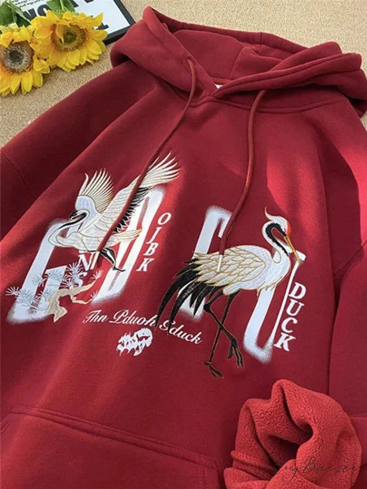 Chinese Crane Pullover Hoodie Red / M(40-45KG) hoodies-241228