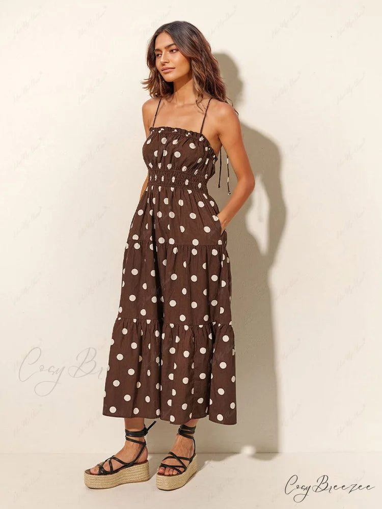 Chocolate And Ivory Polka Dot Trendy Print Pleated Elastic Strap Dress