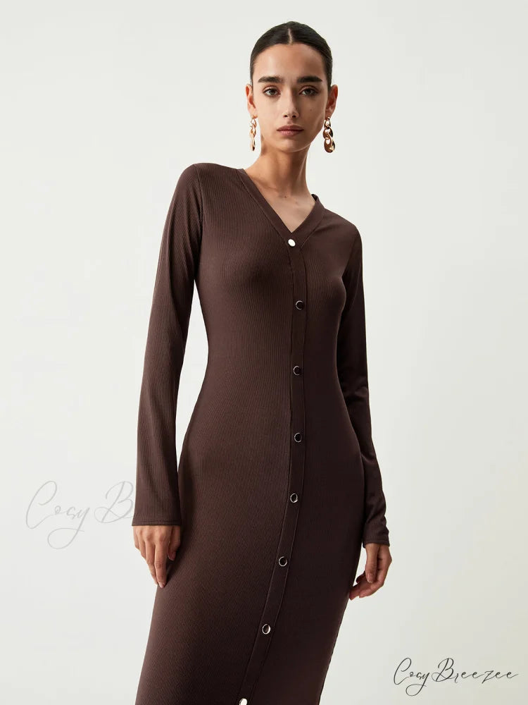 Chocolate Button Down Trendy Long Sleeve Midi Dress