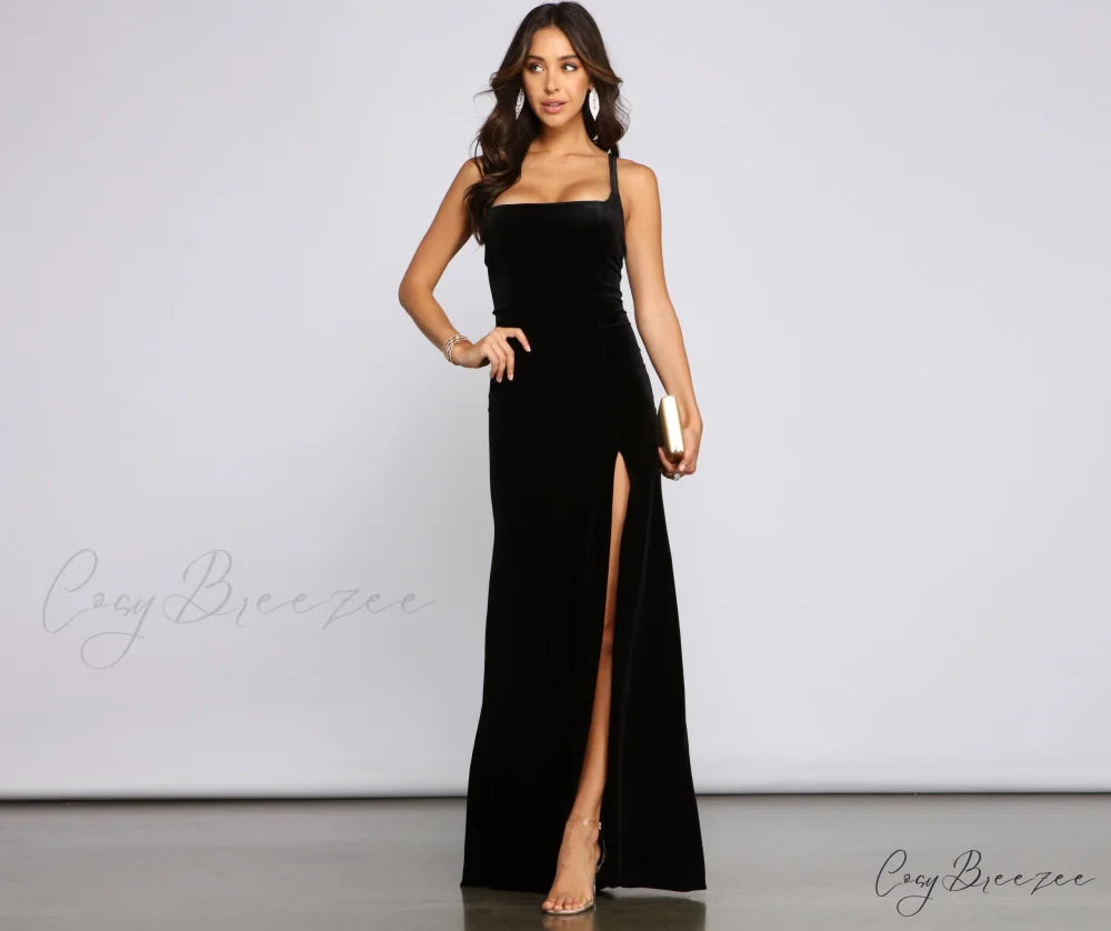 Christina Lace-Up Stylish Back Velvet Dress BLACK / XS
