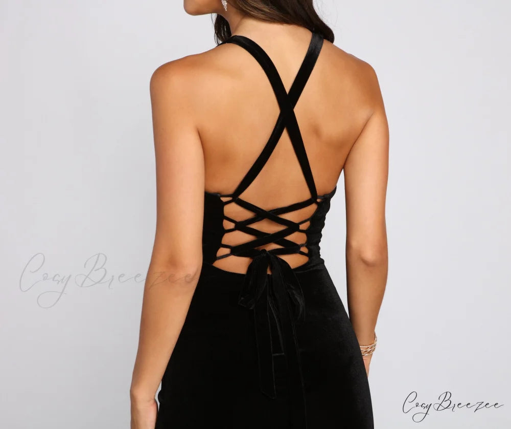 Christina Lace-Up Stylish Back Velvet Dress BURGUNDY / XS