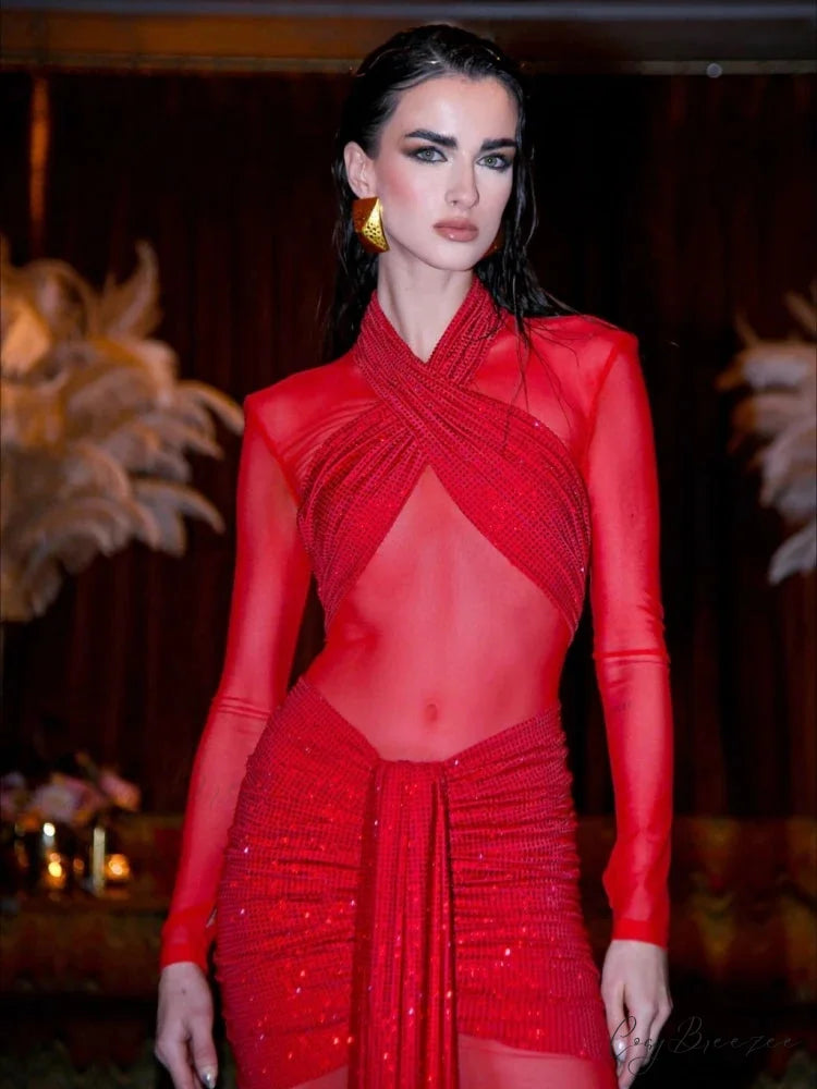Christmas Backless Mesh Ruched Party Dress