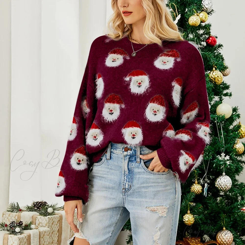 Christmas Cozy Cute Santa Head Round Neck Casual Oversized Warm Winter Sweater