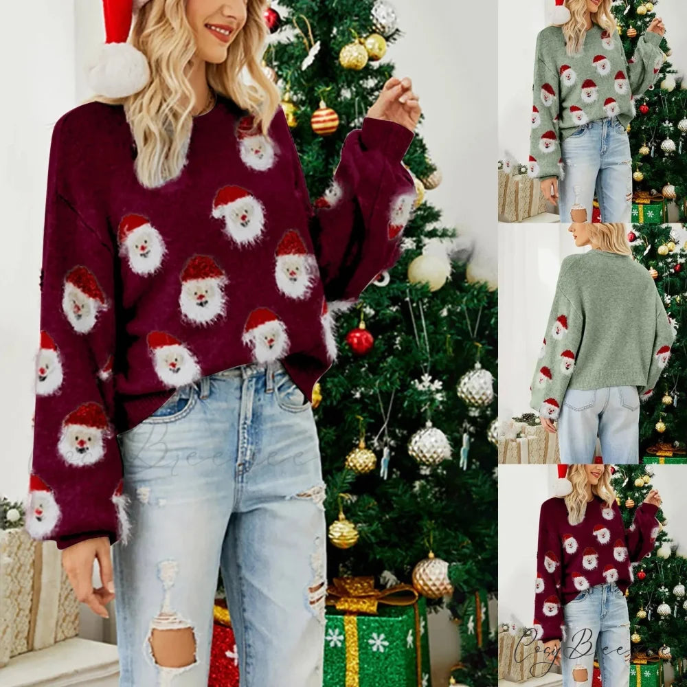 Christmas Cozy Cute Santa Head Round Neck Casual Oversized Warm Winter Sweater