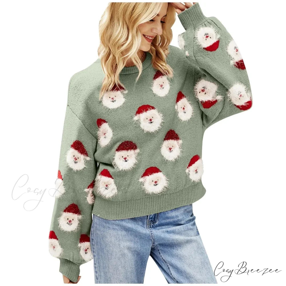 Christmas Cozy Cute Santa Head Round Neck Casual Oversized Warm Winter Sweater GREEN / S