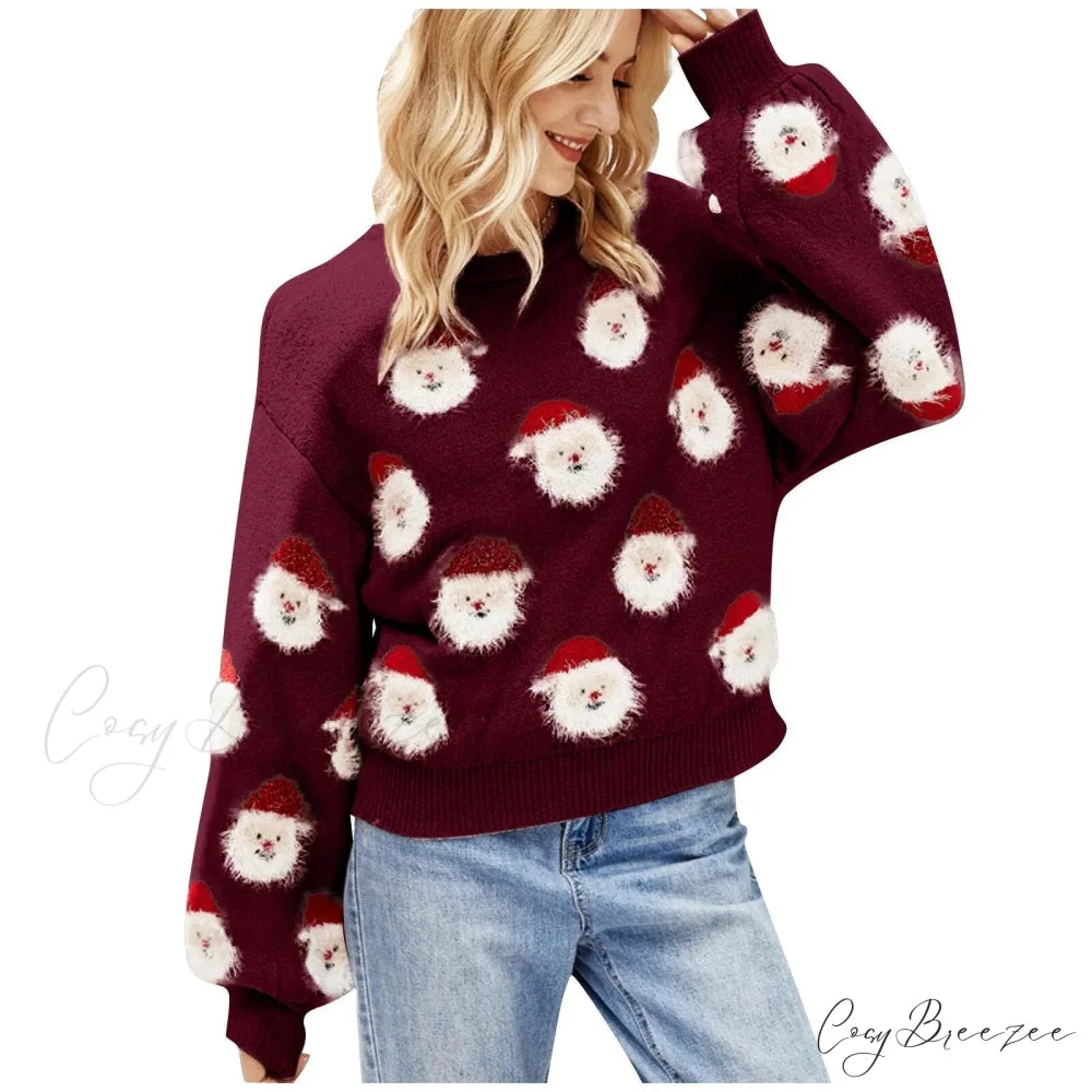 Christmas Cozy Cute Santa Head Round Neck Casual Oversized Warm Winter Sweater Wine / S