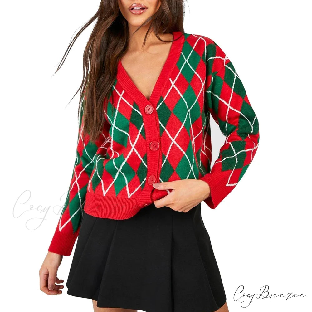 Christmas Sweater Button Diamond Cardigan Red / S