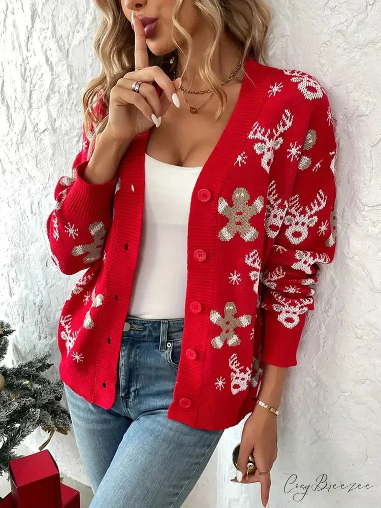 Christmas V-neck Elk Print Cardigan