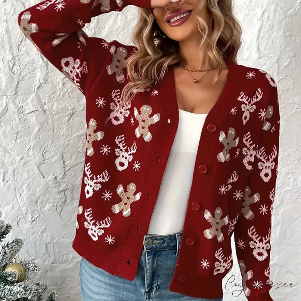 Christmas V-neck Elk Print Cardigan Burgundy / S