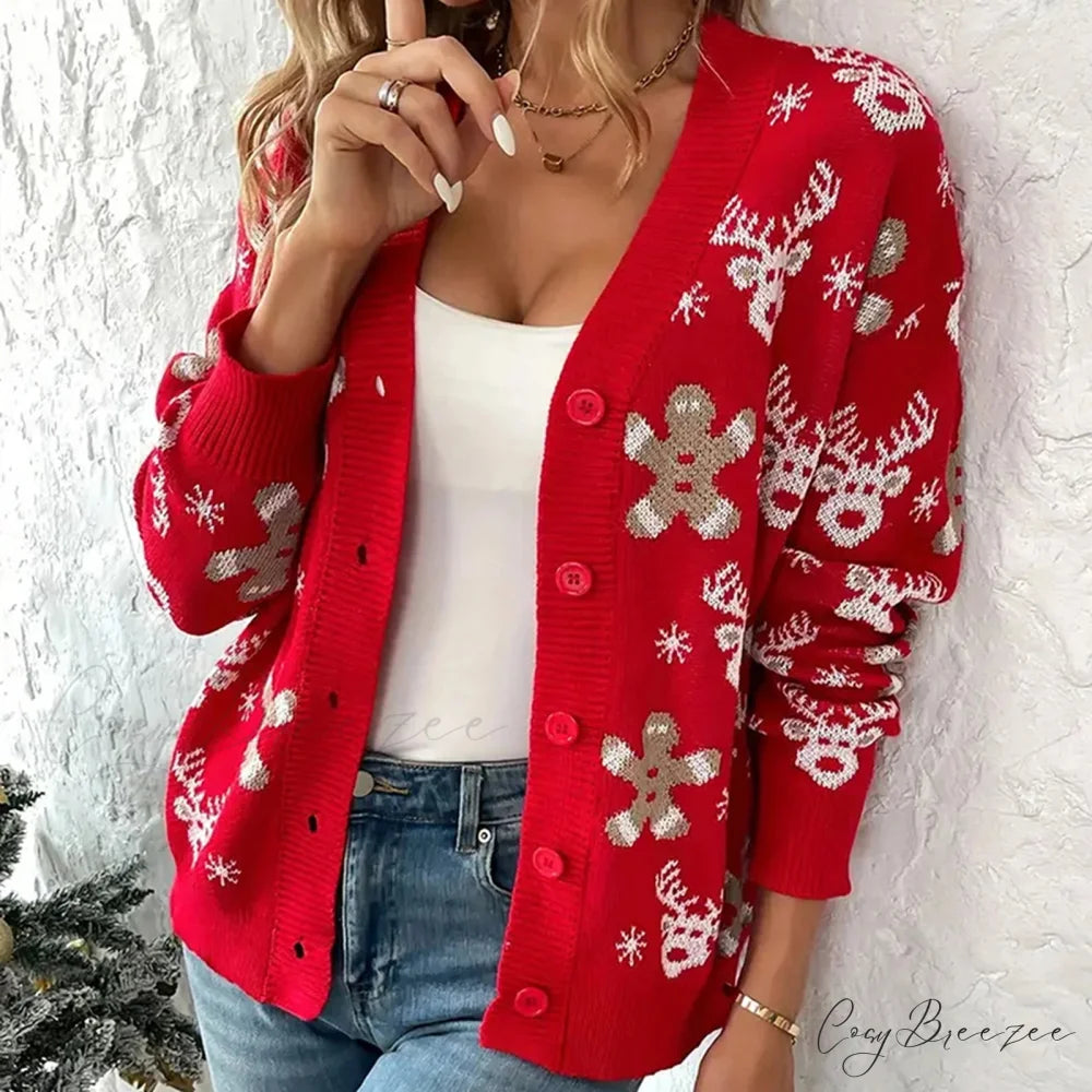 Christmas V-neck Elk Print Cardigan Red / S