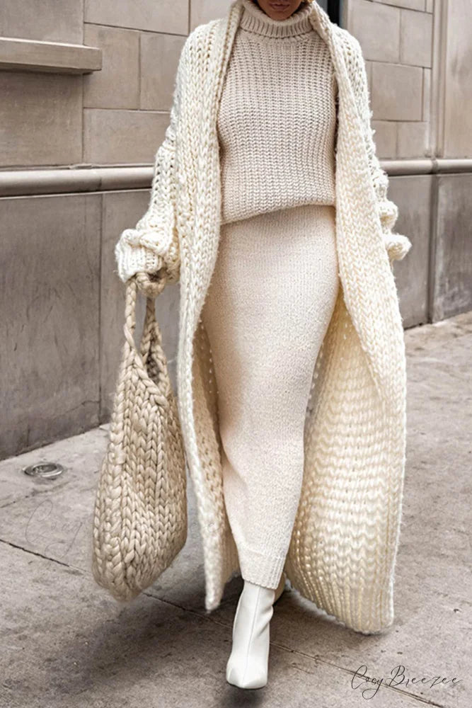 Chunky Knit Cardigan with Openwork Design Beige / L