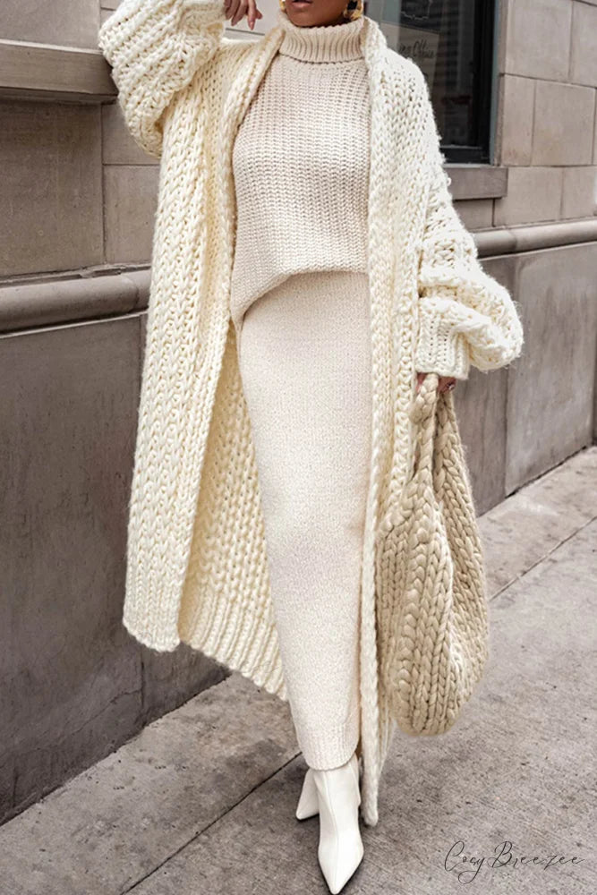 Chunky Knit Cardigan with Openwork Design Beige / XL