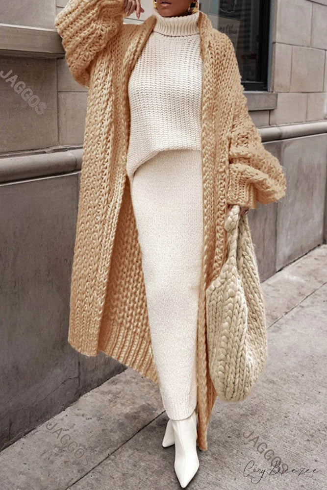 Chunky Knit Cardigan with Openwork Design Khaki / S