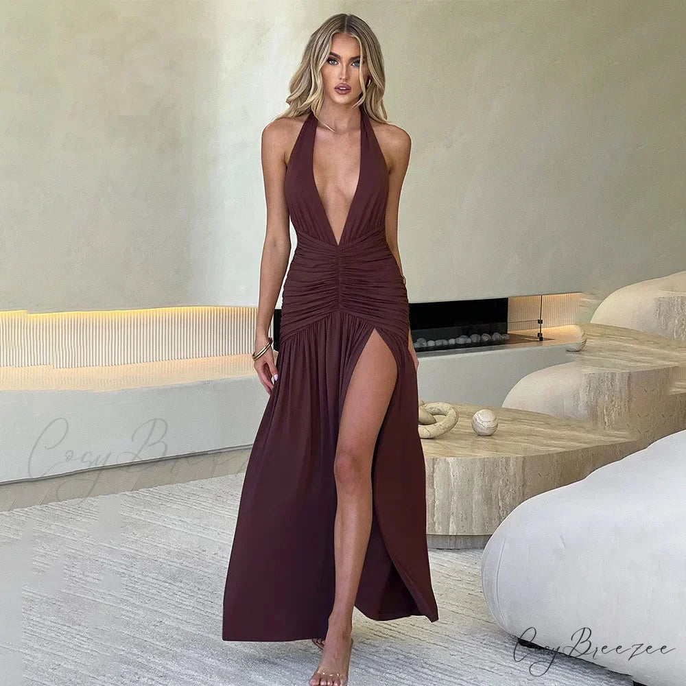 CLARA Elegant MAXI DRESS Coffee / L
