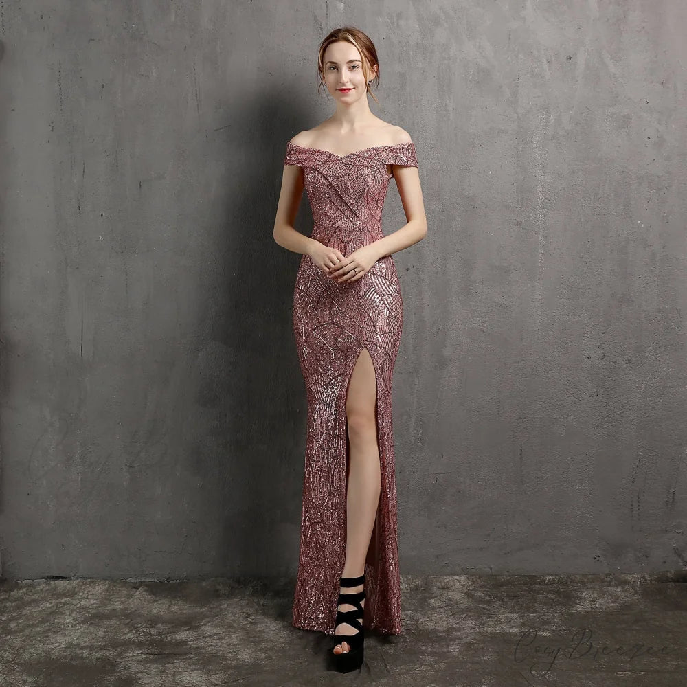 Clara Glitter Off the Graceful Shoulder Split Dress For Prom PINK / XS