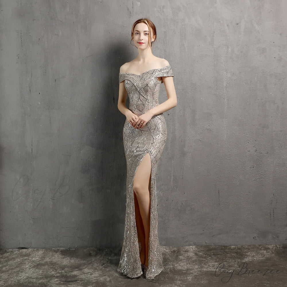 Clara Glitter Off the Graceful Shoulder Split Dress For Prom SLVER / XS
