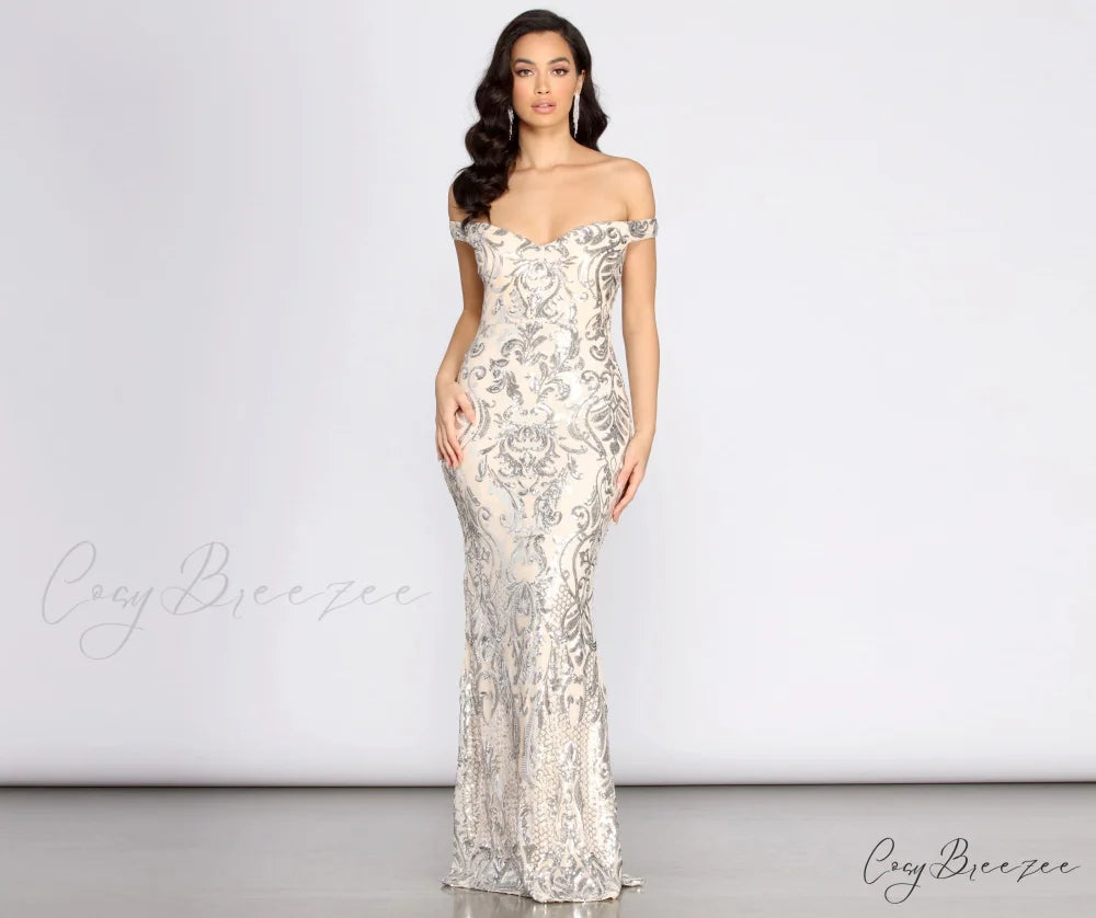 Clara Sequin Stylish Off Shoulder Dress SILVER / S