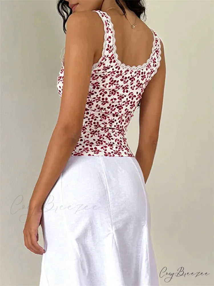 Classic Floral Lace Trim Sleeveless Crop Top croptop-250126