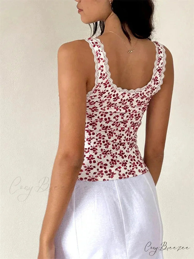 Classic Floral Lace Trim Sleeveless Crop Top croptop-250126