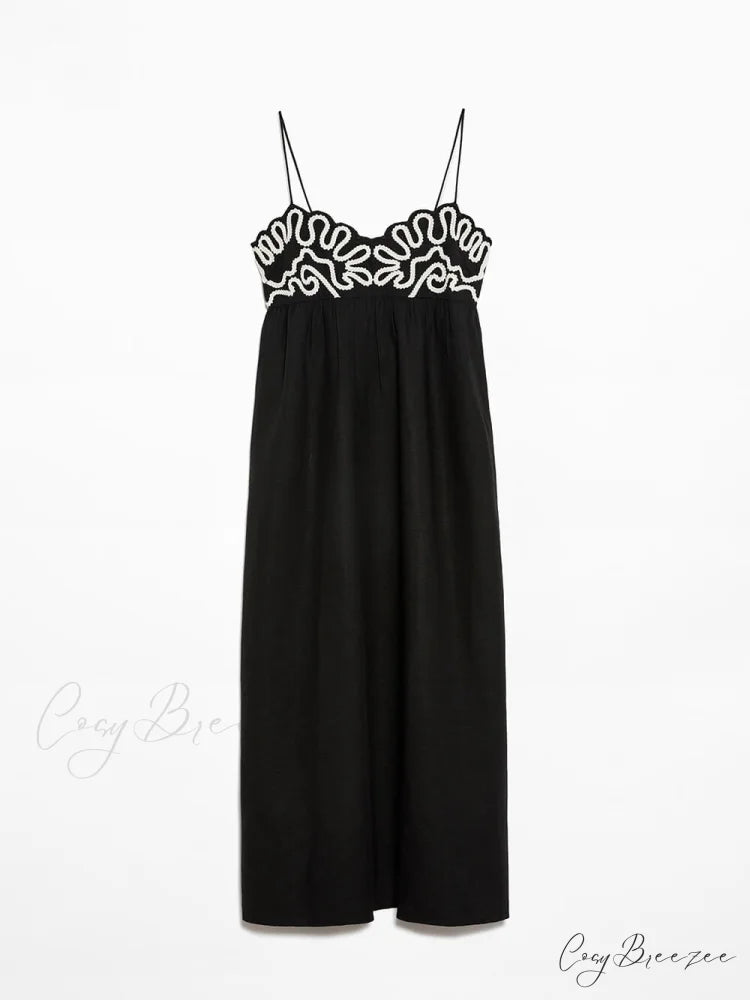 Classic Linen Floral Charming Patchwork Suspender Midi Dress